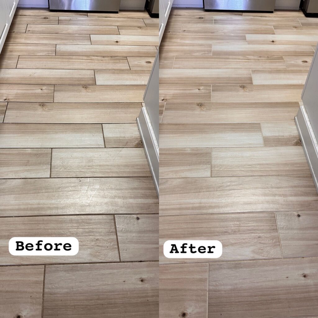 Before and after wood-look plank tile cleaning by Empire DLC Cleanings
