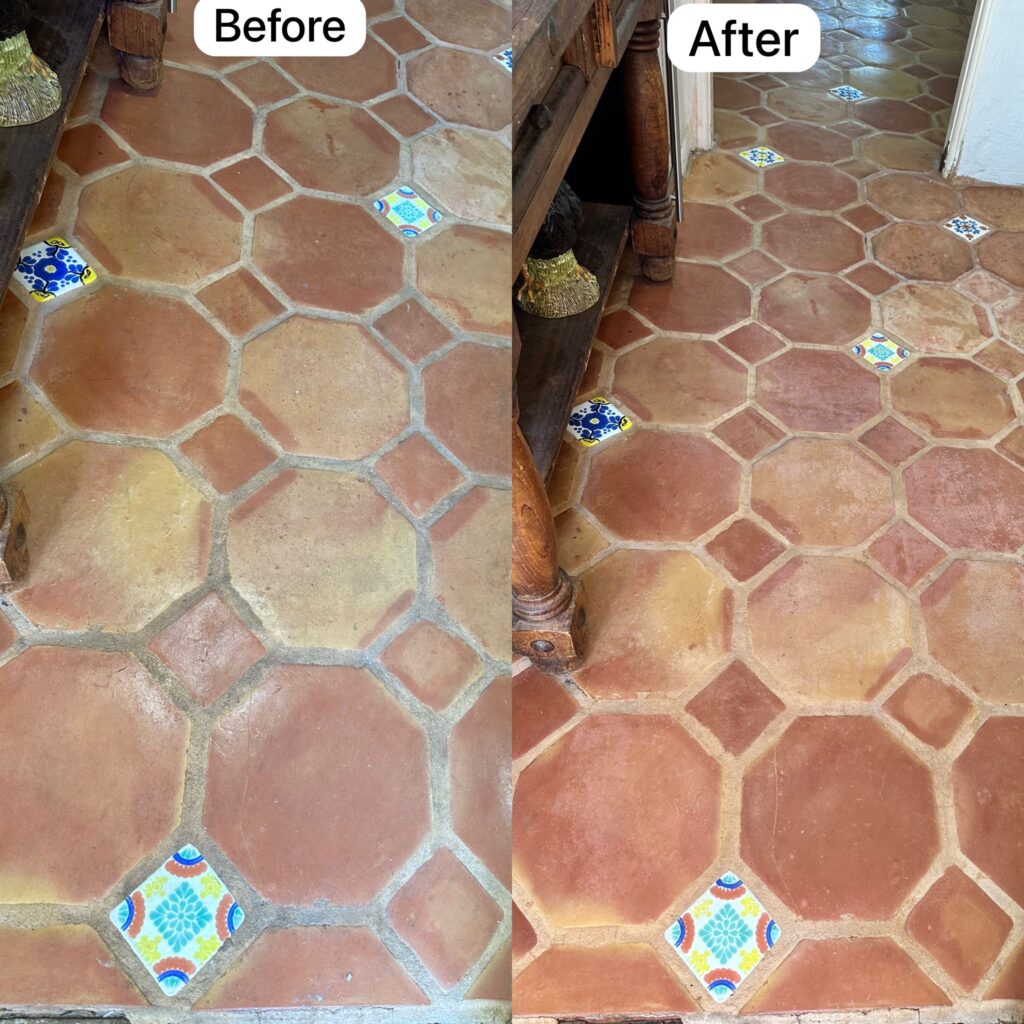 Before and after Saltillo terracotta tile cleaning with decorative inserts - Empire DLC Cleanings