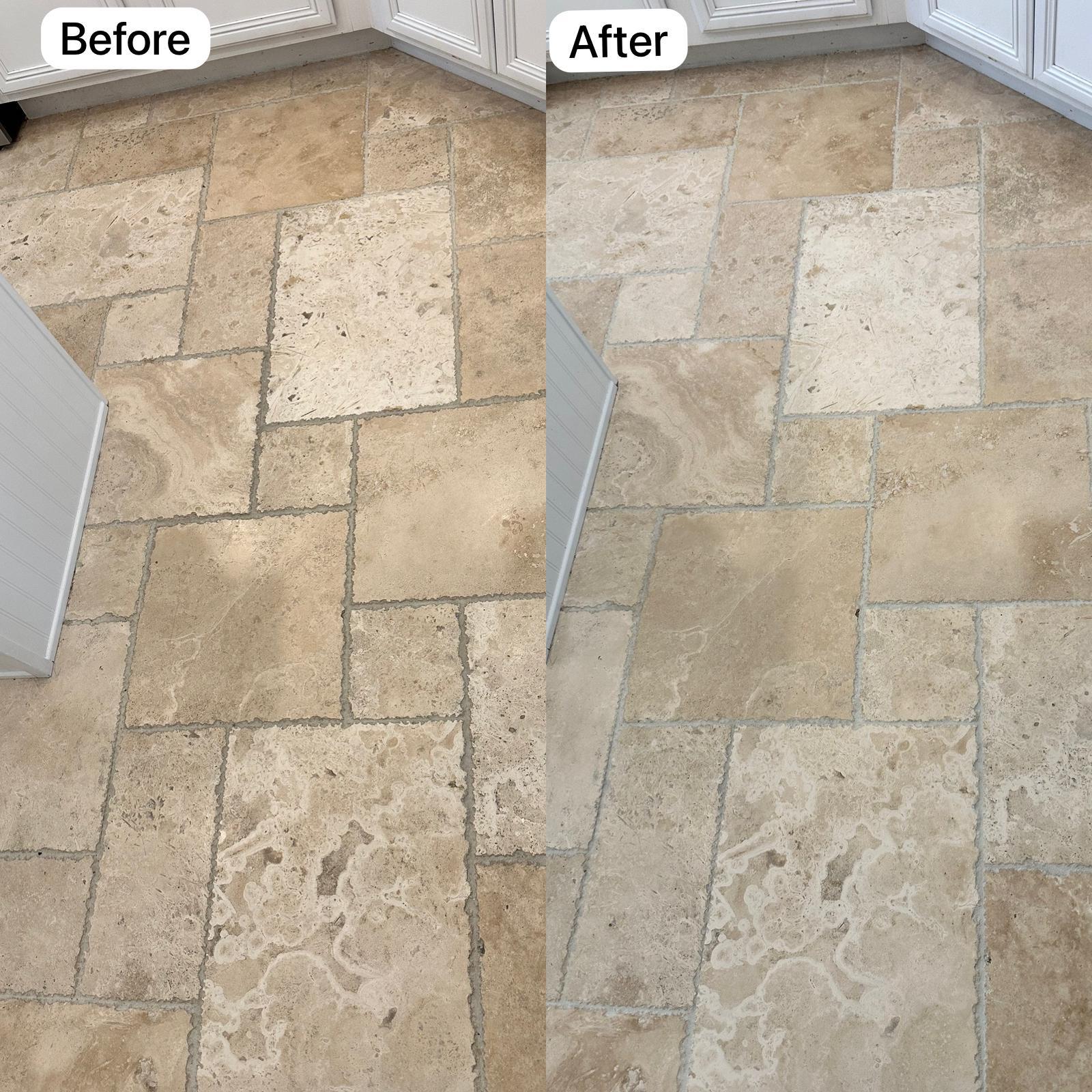 Before and after travertine tile cleaning in Spring Hill, FL by Empire DLC Cleanings
