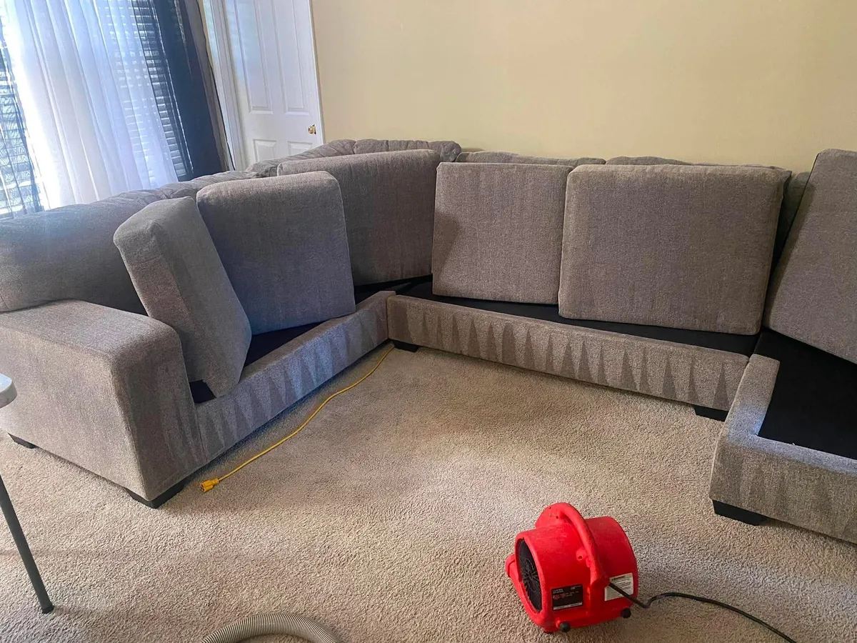 Gray sectional sofa cleaning in Spring Hill, FL with air mover speeding up drying - Empire DLC Cleanings