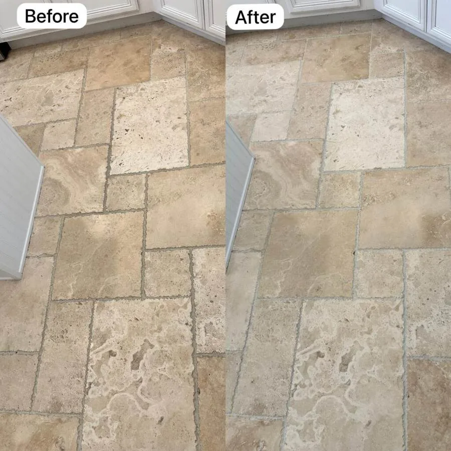 Travertine kitchen tile cleaning before and after in Spring Hill